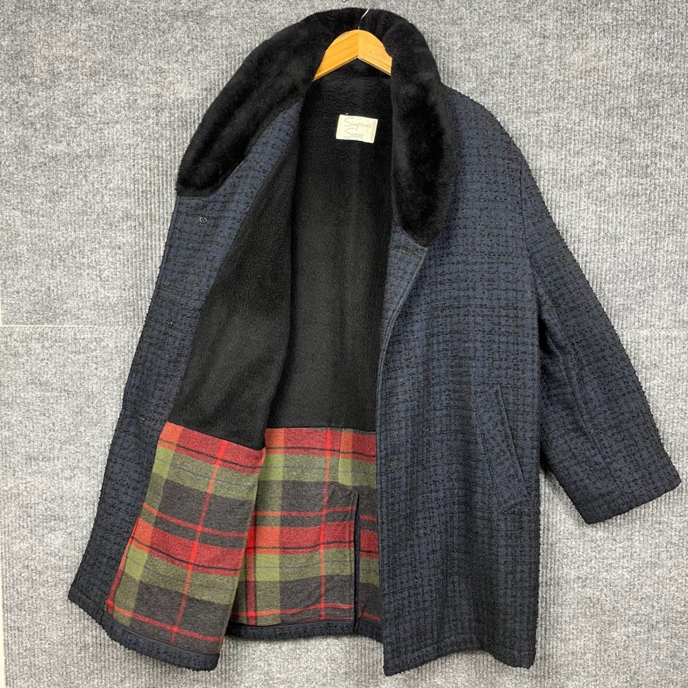Vtg 60s Simpsons Sears Coat Womens XL Black Faux Fur Collar Plaid Lined Mod